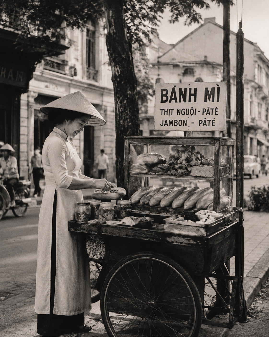 1950s Saigon street scene. French colonial buildings, bicycles, market life